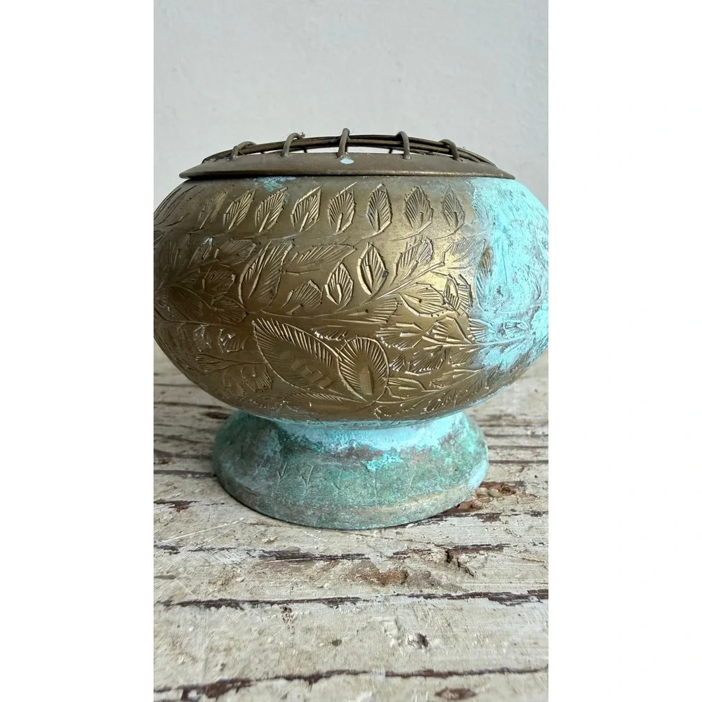 Vintage Etched Brass Rose Bowl Flower Frog Verdigris Patina Leaf Pattern 4in